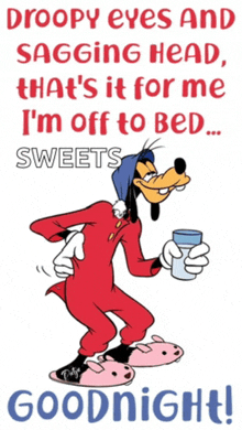 a cartoon of goofy holding a glass of water with a goodnight message below him