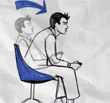 a drawing of a man sitting in a chair with an arrow pointing upwards