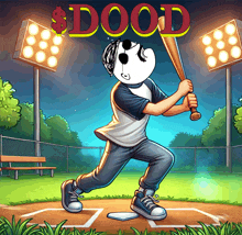 a cartoon of a man holding a baseball bat with the word dood on the top