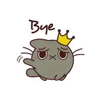 a cartoon cat with a crown and the word bye