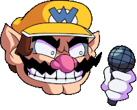 a cartoon of wario holding a microphone with his mouth open