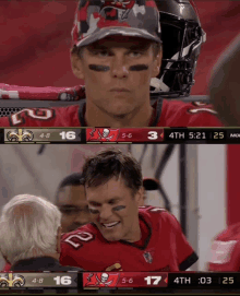 two images of a football player with a scoreboard behind him