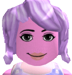 a close up of a girl 's face with purple hair and a smile on her face .