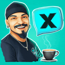 a cartoon of a man with a cup of coffee and a speech bubble with the letter x above him