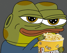 a frog is holding a bucket of popcorn