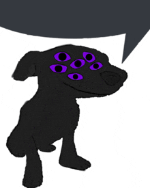 a drawing of a black dog with purple eyes