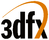 a black and orange logo for 3dfx with an orange curve