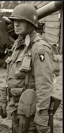 a black and white photo of a soldier with the word u.s. on his shirt