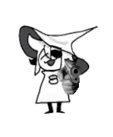 a cartoon character is holding a gun in a black and white drawing .