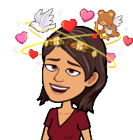 a cartoon of a woman wearing a flower crown with cupid and hearts around her head