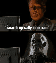 a man sitting in front of a computer with the words " search up salty icecream "