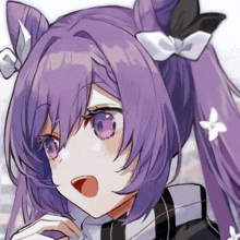 a purple haired anime girl with a bow in her hair