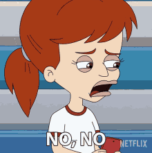 a cartoon girl is holding a cell phone and saying no