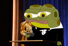 a cartoon of a frog in a tuxedo holding a gold frog statue