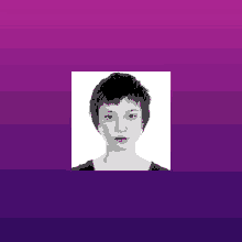 a black and white photo of a woman 's face against a purple background