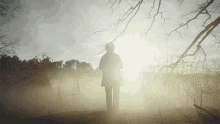 a silhouette of a person standing in the fog