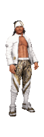 a man in a white jacket and gold pants