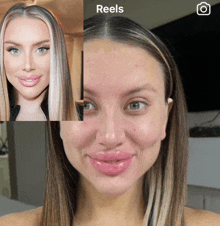 a woman 's face is shown before and after makeup and the words reels are above her