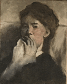 a black and white painting of a woman covering her mouth by a hand