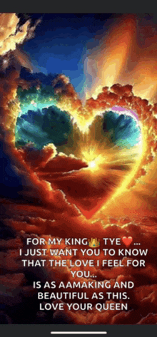 a painting of a heart in the clouds with a message that says " for my king tye "