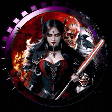 a woman with horns is holding a light saber in front of a skull and a clown