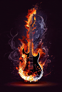 a black electric guitar is surrounded by flames and smoke