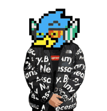 a person wearing a supreme jacket with a pixelated character in the background