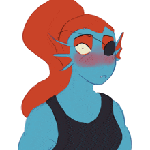 a drawing of a cartoon character with a red hair and blue skin