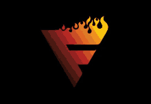 the letter f is in a triangle with flames coming out of it on a black background .