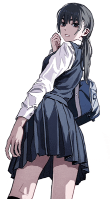 a girl in a school uniform has a blue backpack on her back