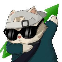 a cartoon cat wearing sunglasses and a hat with an arrow pointing up