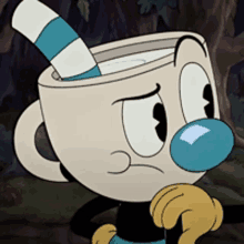 a cartoon character with a blue nose and a cup of milk in his mouth