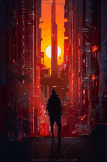 a painting of a man standing in a city with the website tohad artstation.com