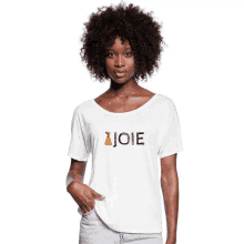 a woman wears a white t-shirt with the word joie on it