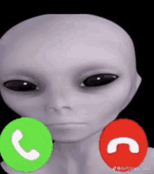 a white alien is talking on a cell phone with a green and red button .