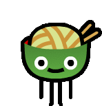 a cartoon illustration of a green bowl of noodles with chopsticks