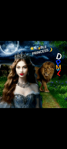 a picture of a noble princess with a lion behind her