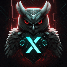 a futuristic owl with a blue x on its chest