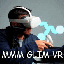 a man wearing a virtual reality headset and holding a controller