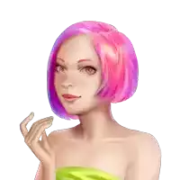 a woman with pink and purple hair has green nail polish