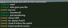 a list of chat commands is displayed on a green background