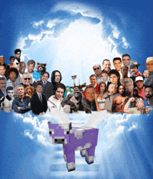 a group of people are gathered in heaven with a purple minecraft sheep in the middle