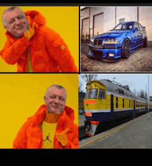 a man in an orange jacket is giving a thumbs up next to a blue car and a yellow train