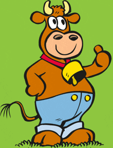 a cartoon cow wearing blue jeans and a yellow bell around its neck