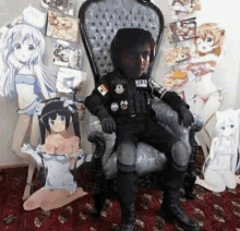 a man in a military uniform is sitting in a chair surrounded by anime characters