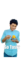 a man in a blue shirt is holding a bowl of food with the words so tasty on the bottom