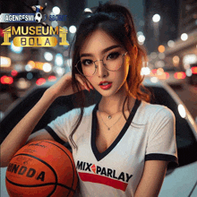 a woman holding a mix parlay basketball in front of a car