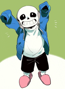 a drawing of a skeleton wearing a blue jacket and black shorts