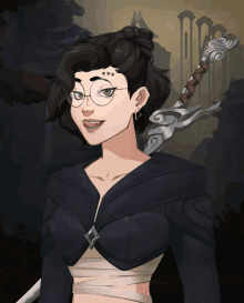 a drawing of a girl with glasses and a sword