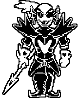 a black and white pixel art drawing of a cartoon character holding a knife .